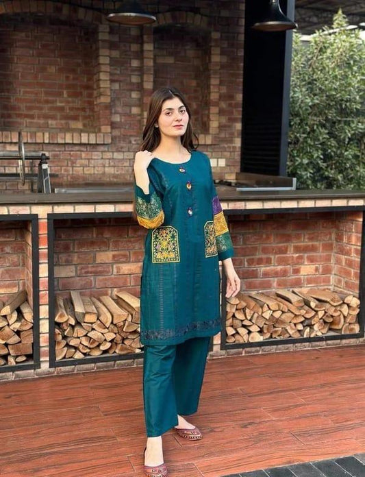✨ 2-Piece Women’s Premium Cotton Net Embroidered Ensemble (Shirt & Trouser)