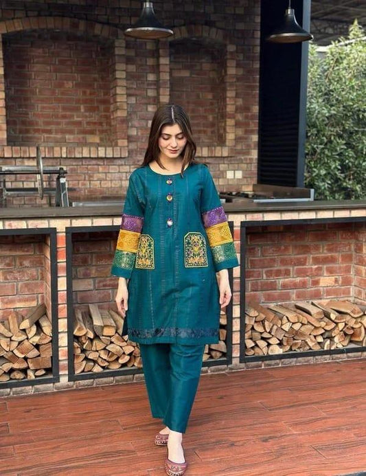 ✨ 2-Piece Women’s Premium Cotton Net Embroidered Ensemble (Shirt & Trouser)