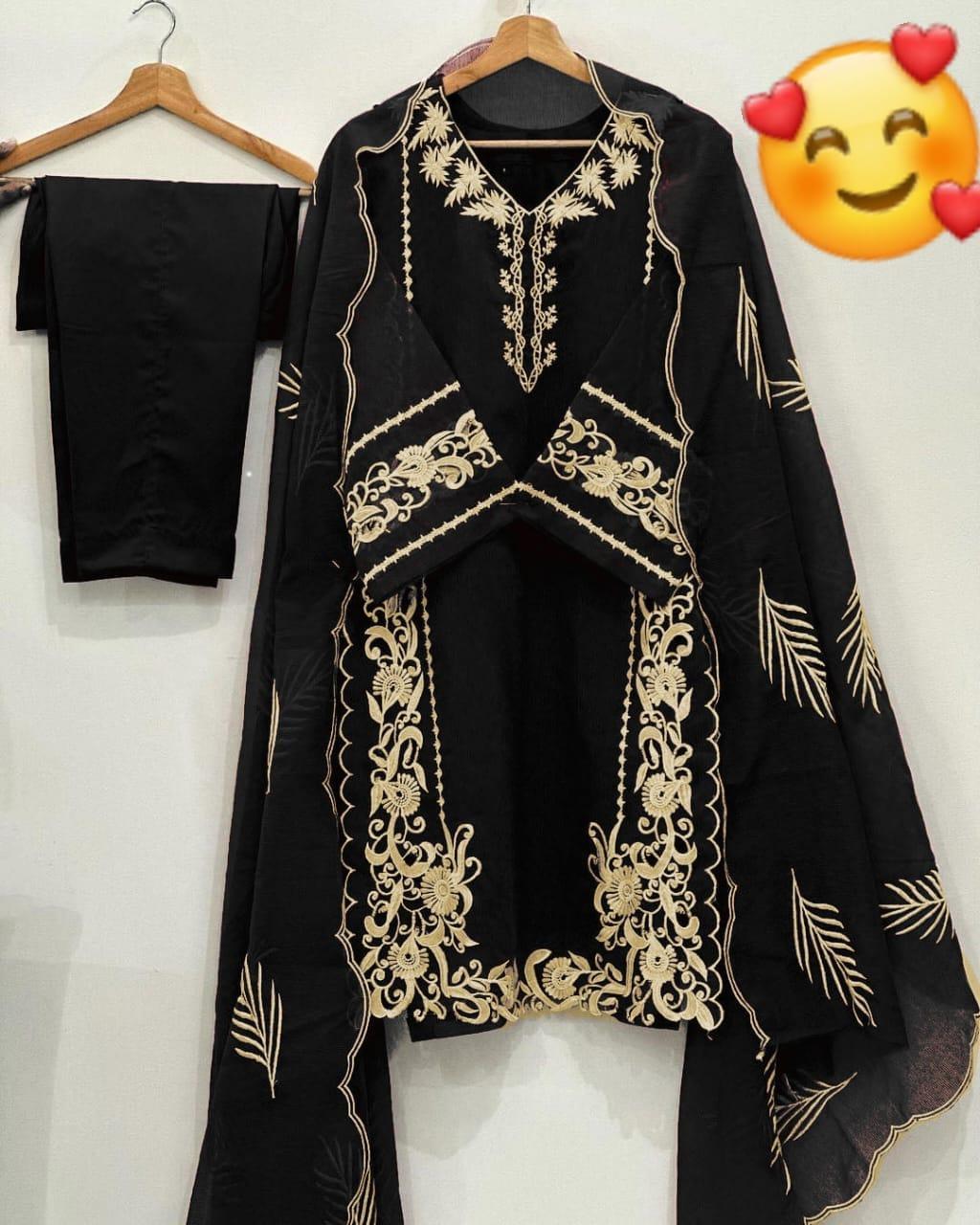 3 Pcs Women's Stitched Organza Embroidered Suit