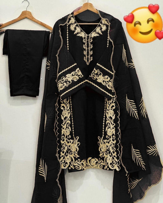 3 Pcs Women's Stitched Organza Embroidered Suit