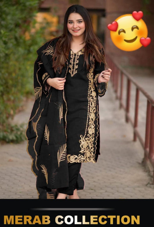 3 Pcs Women's Stitched Organza Embroidered Suit