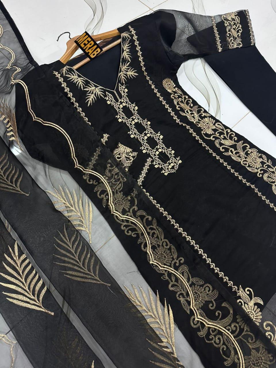 3 Pcs Women's Stitched Organza Embroidered Suit