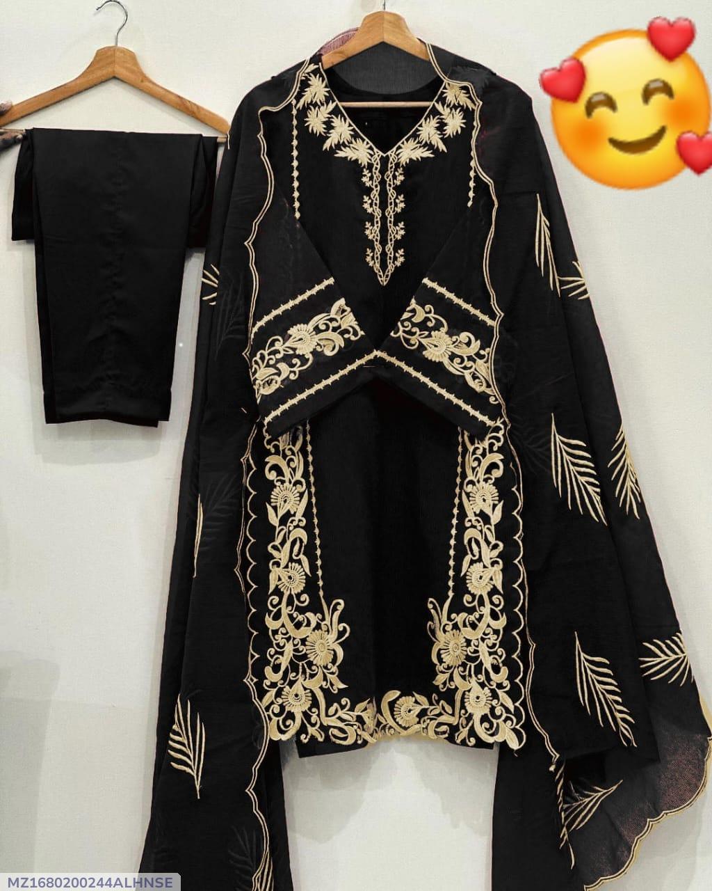 3 Pcs Women's Stitched Organza Embroidered Suit