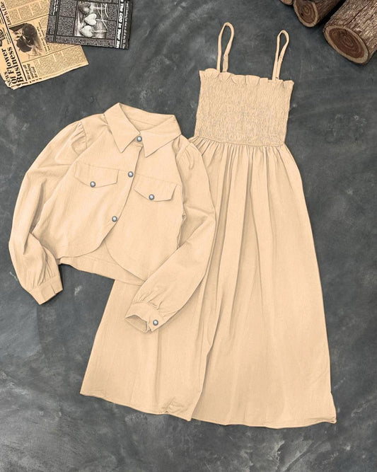 Kaaj Button Coati with Gazzer Romper Frock – 2 Piece Set